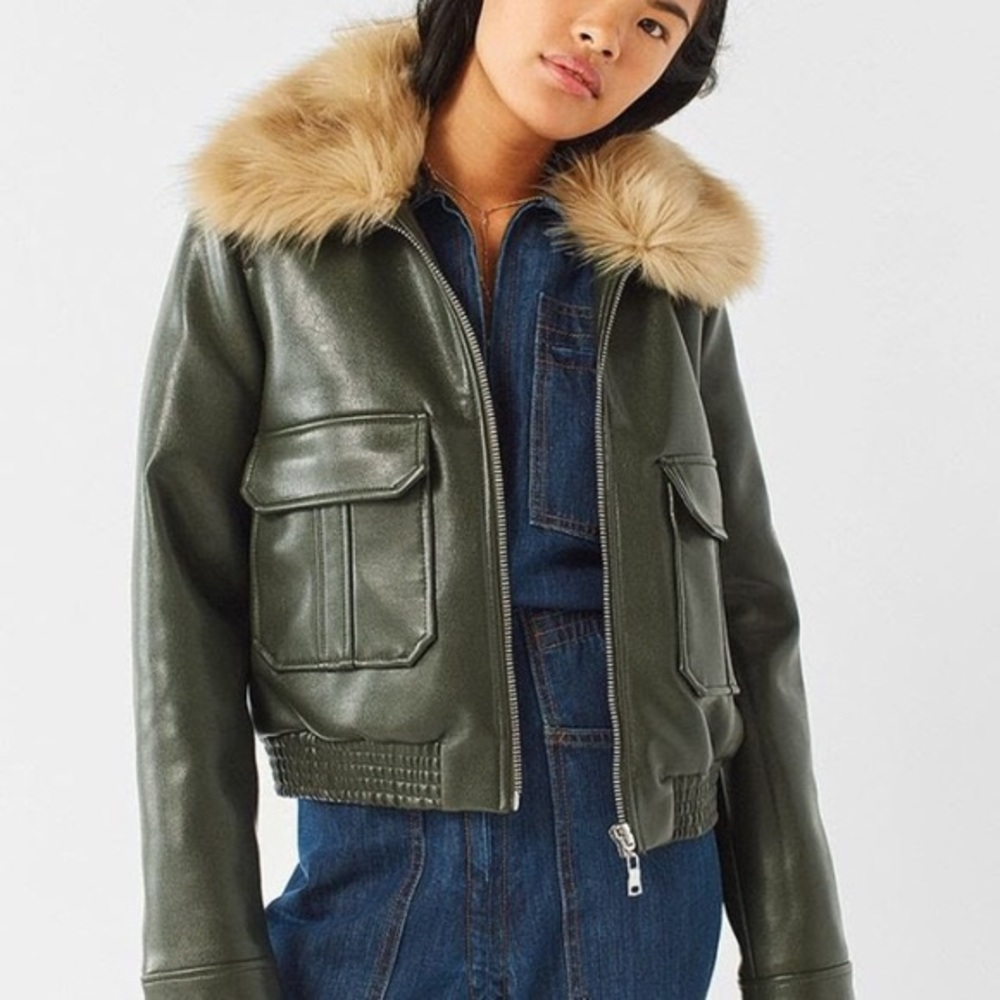 Silence and Noise faux fur green flight jacket